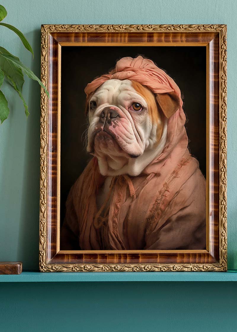 English Bulldog in Peach Outfit Print