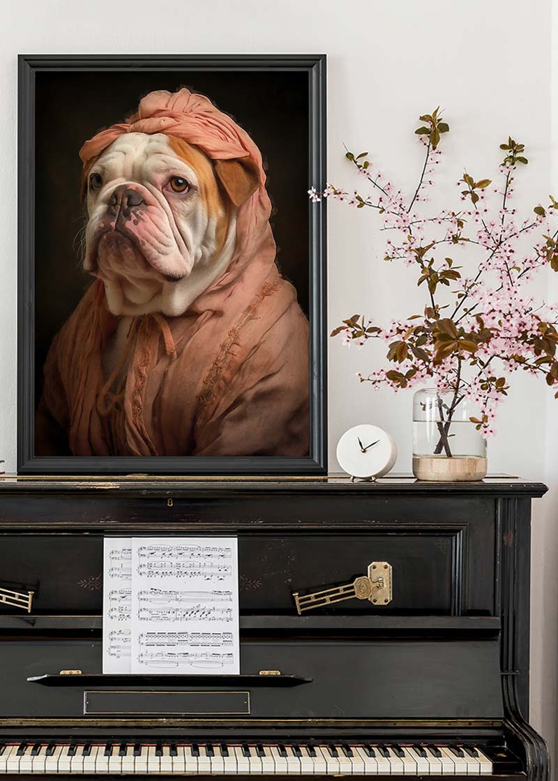 English Bulldog in Peach Outfit Print