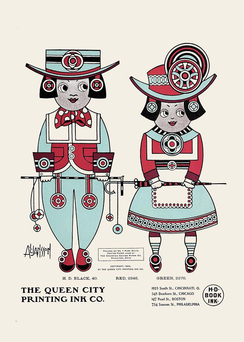 Queen City Printing Inks Vintage Poster - Red & Blue Figures Print