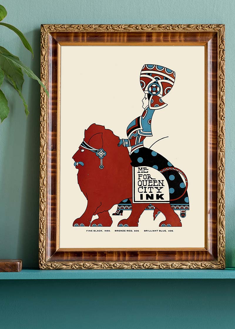 Queen City Printing Inks Vintage Poster - Red & Blue Lion Print