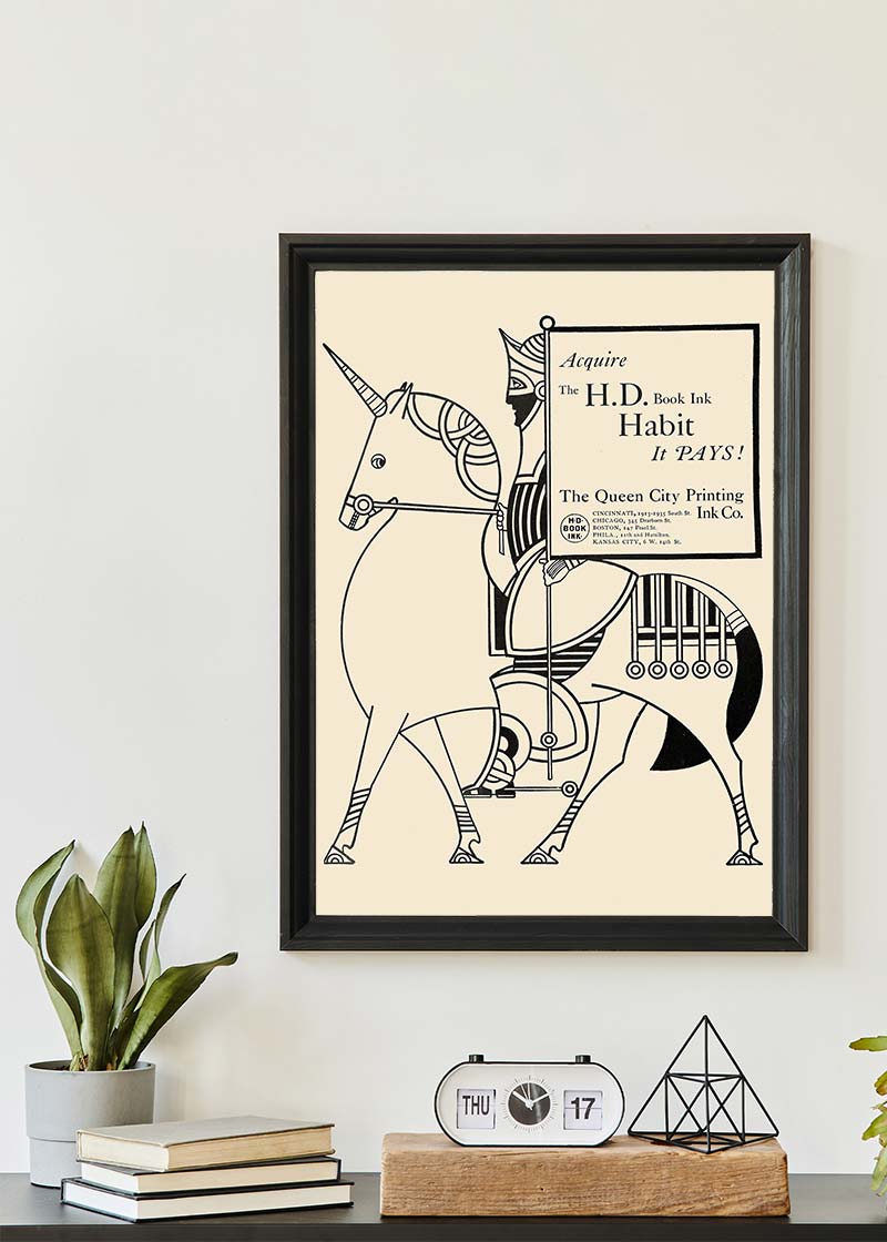 Queen City Printing Inks Vintage Poster - Black Line Drawing Knight Print