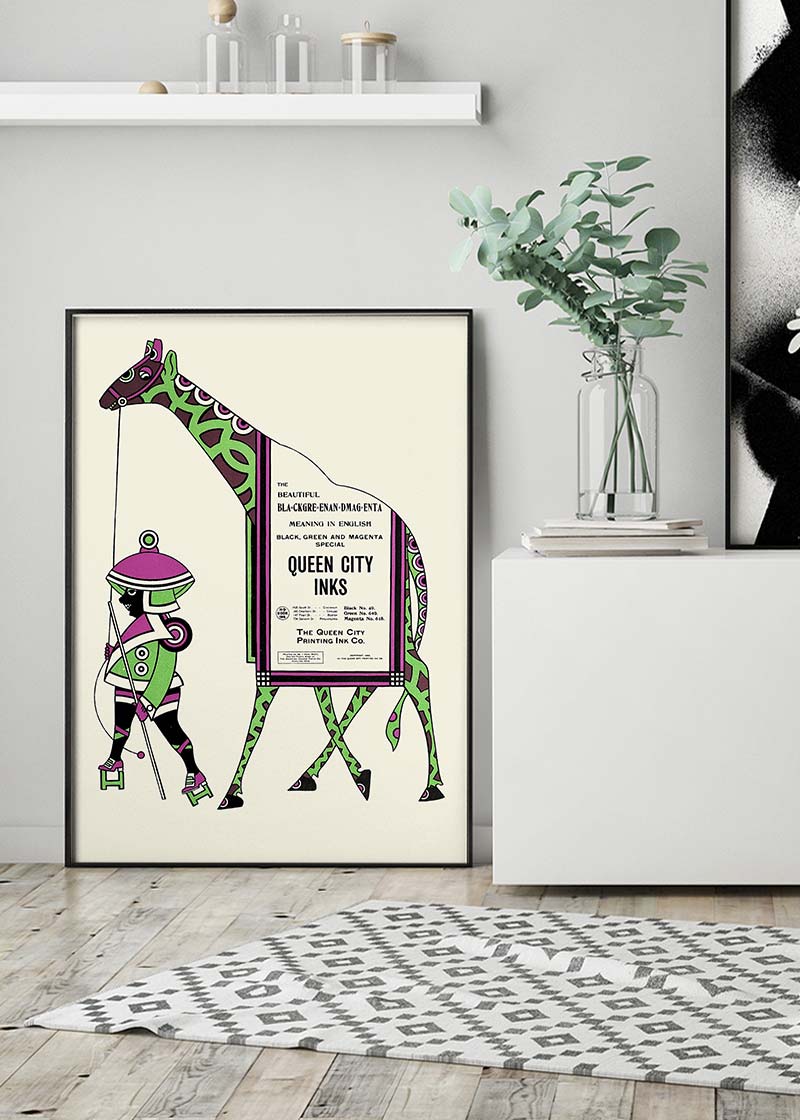 Queen City Printing Inks Vintage Poster - Green & Pink Giraffe