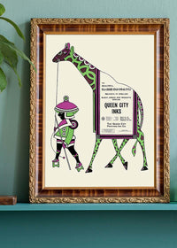 Queen City Printing Inks Vintage Poster - Green & Pink Giraffe