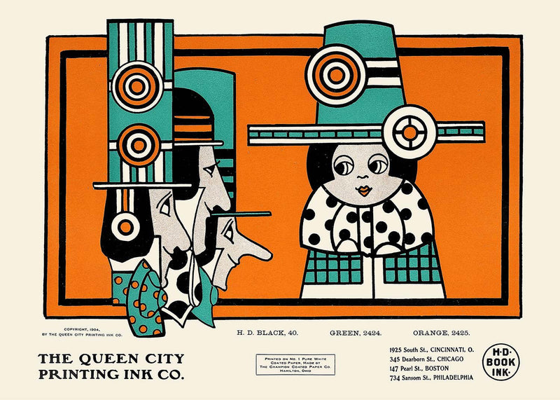 Queen City Printing Inks Vintage Poster - Green & Orange Figures Print